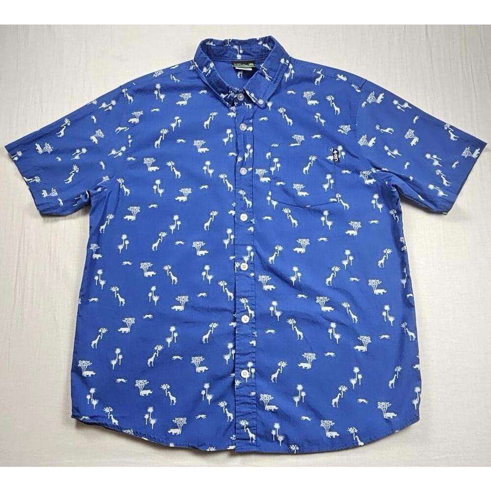 LRG Lifted Research Group Animal Short Sleeve Button Down Shirt Blue Size Medium